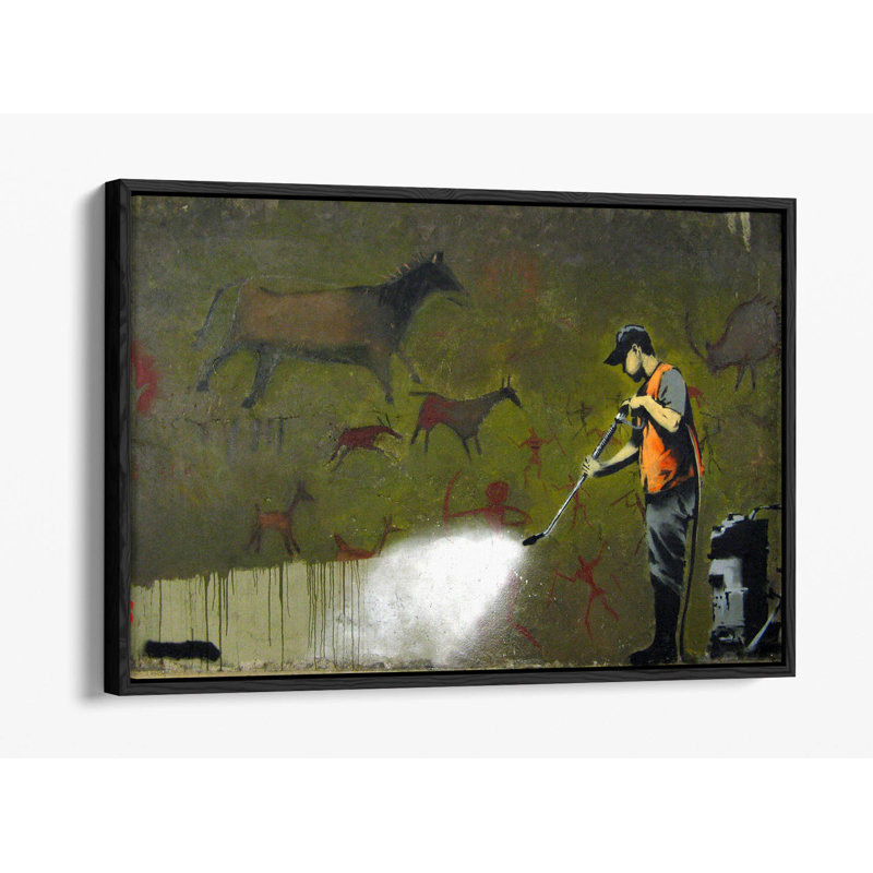 Banksy Cave Art Graffiti Removal Canvas Floater Print Picture Art - Walnut Frame, 20.32 cm H x 30.48 cm W, Black