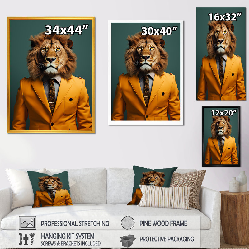Jaune avec lion II, Cadre flottant noir, H 32 po x l 16 po x P 1 po