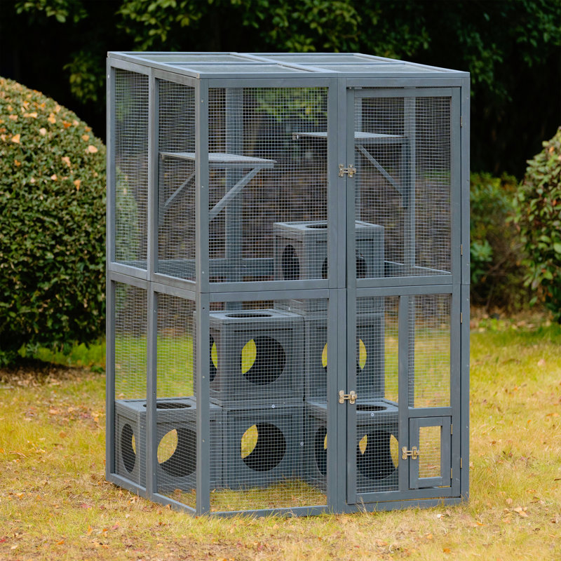 Enceinte d'extérieur pour chat avec portes à double entrée Catio, tablettes grimpantes grises, aire de jeu en bois de pin résistant aux intempéries avec 7 boîtes en bois combinées Freely