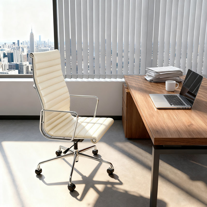 Chaise de bureau en cuir véritable avec structure et base en aluminium, chaise de salle de conférence pivotante, Crème, crème