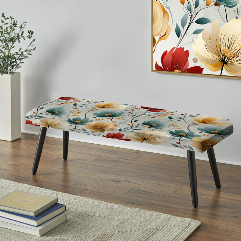 Banc rembourré éclectique noir, Motif floral multicolore minimaliste