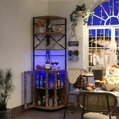 71.1" Height Corner Bar Cabinet with Wine Storage, 6 Tier Corner Shelf with LED Strip & Glass Holder