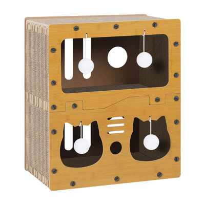 Maison pour chat à 2 niveaux avec griffoir et jouets à pompons interactifs