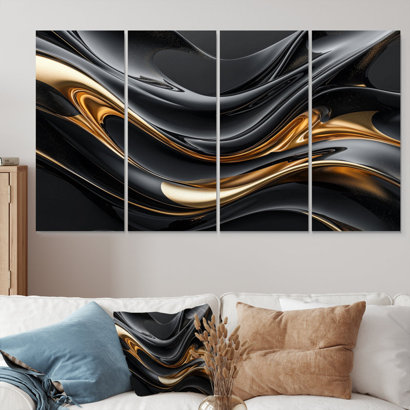 Ensemble de salon captivant en marbre noir et or III - Vagues modernes abstraites, H 32 po x l 64 po