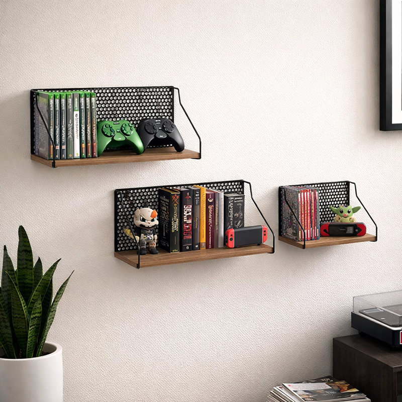 Metal and Wood Wall Storage with Perforated Iron Backing, 24" Brown Boho Shelves for Home, Office, Bedroom, Living Room (Set of 3)
