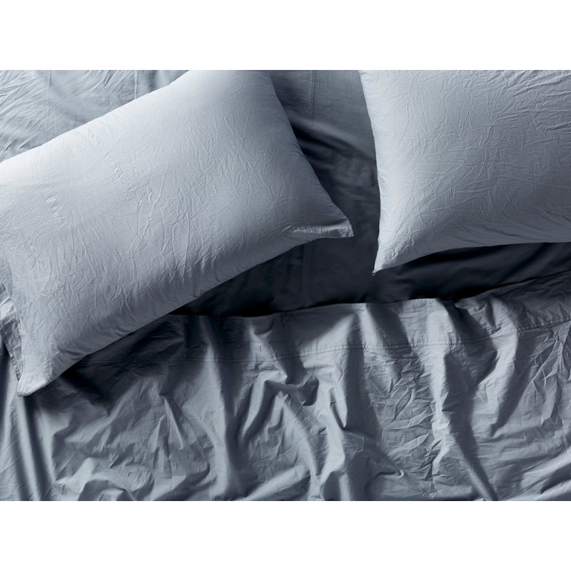 Crinkled 100% Cotton Percale Fitted Sheet, Queen Fitted Sheet, Steel Blue