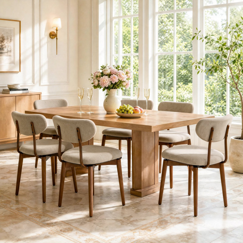 Ensemble en coton et lin avec chaises de salle à manger en bois à dossier incurvé (lot de 6), Sand