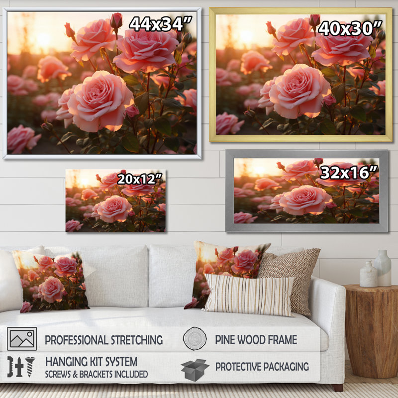 Champ de roses roses avec coucher de soleil, H 30 po x l 40 po x P 1,5 po, Cadre flottant noir