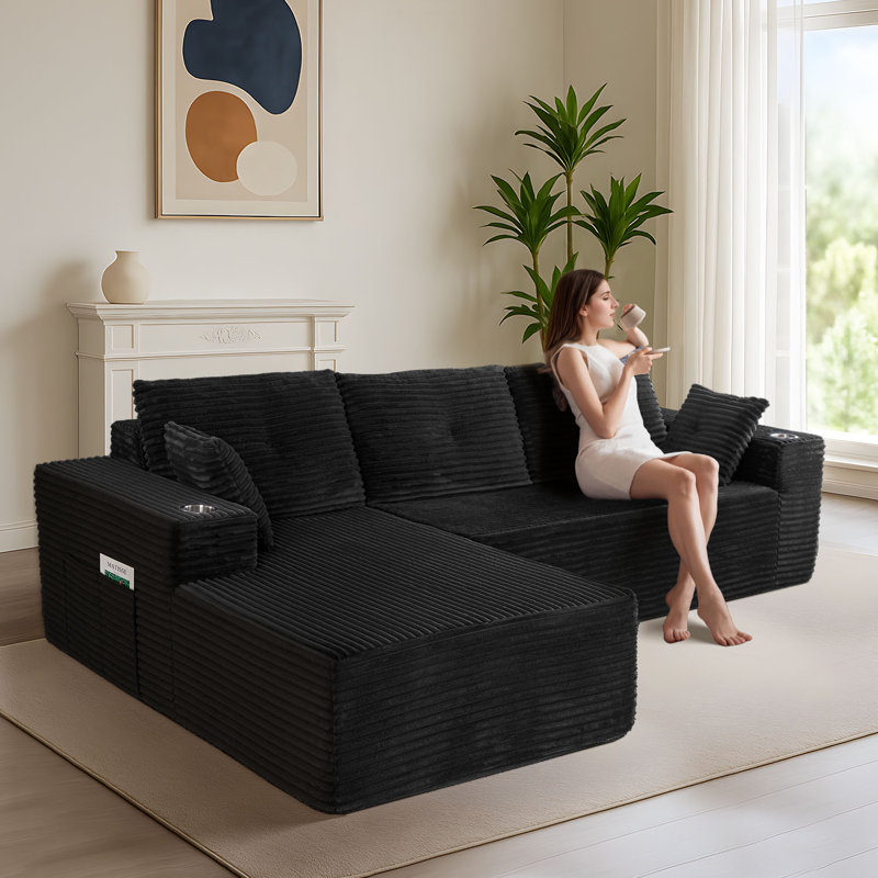 No Assembly Required Plush Corduroy Sofa, 2-Piece Sleeper Sofa with L-Shape Chaise, Black Plush Corduroy, Left Hand Facing
