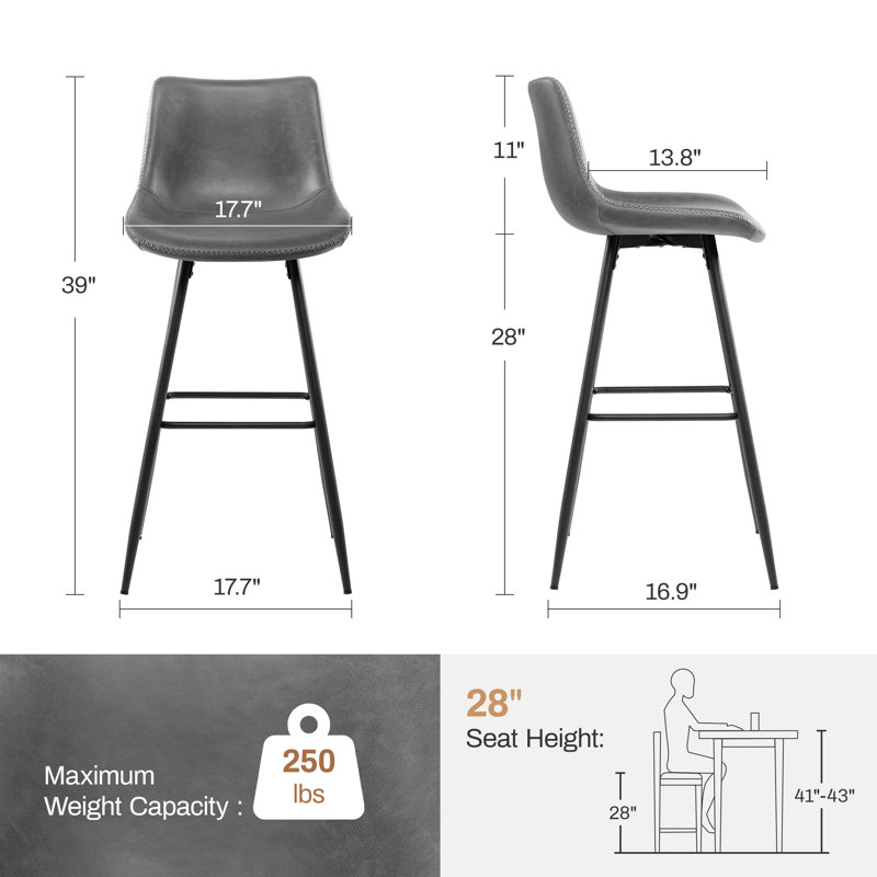 Tabouret de comptoir moderne en similicuir, Gris Heather, Tabouret de bar (siège d'une hauteur de 28 po), 3