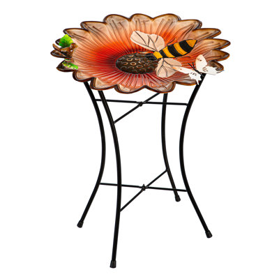 16.5"D Metal Bird Bath with Stand, Sunflower & Bee