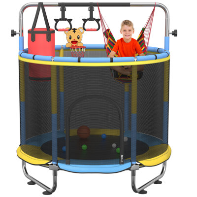 Multi-Functional Kids Trampoline | 60in Indoor Outdoor Bouncer | High-Strength Steel Frame | 500LBS Capacity | YellowBlue & Black Safety Enclosure Trampoline with Hammock, Basketball Hoop & Punching Bag
