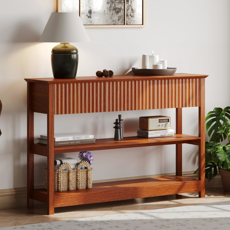 Table d'appoint cannelée 47 po avec deux tiroirs de 47 po de largeur, ton cerise de 47 po, console de couloir de qualité construction, couleur brune, attrait moderne