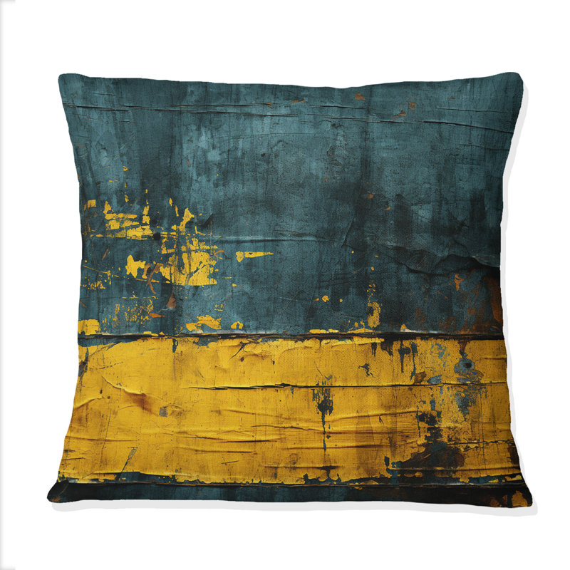 Coussin décoratif à motif géométrique abstrait jaune délavé sur fond bleu sarcelle d'Ukraine, 18" x 18"