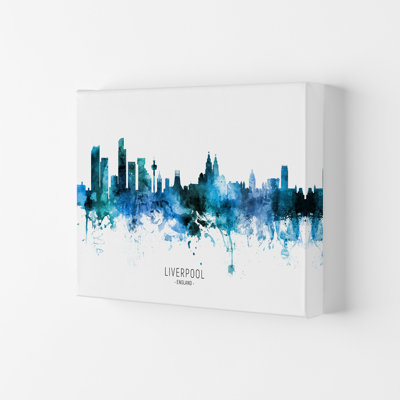 Liverpool England Skyline Blue City Name by Michael Tompsett - Print