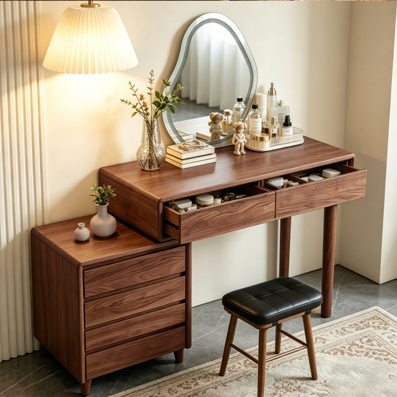 Coiffeuse de maquillage moderne avec miroir à DEL, tiroirs et éclairage réglable