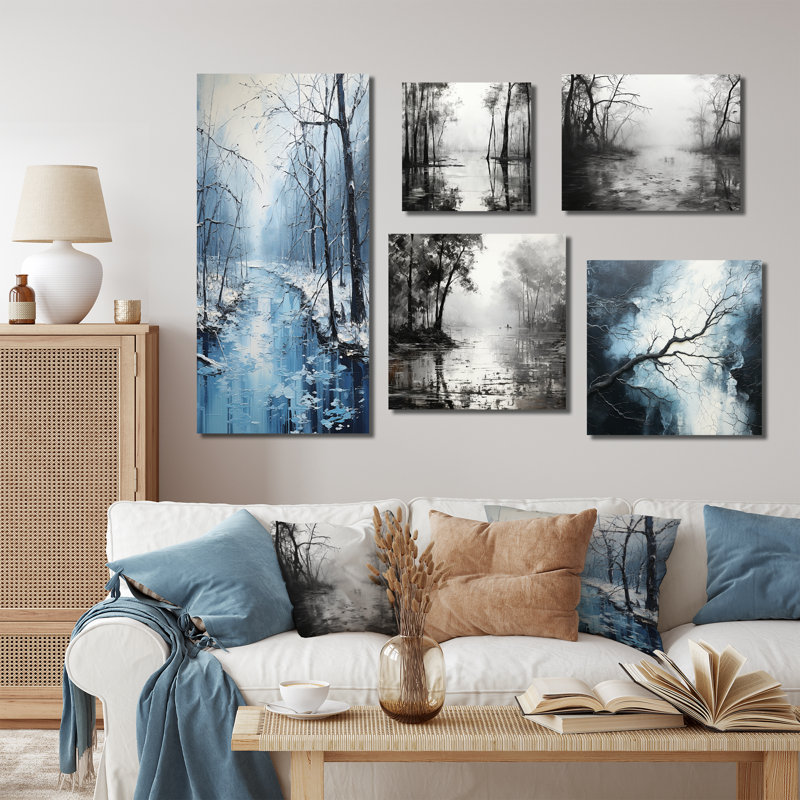 «Enchanted Winter Woods River - Forest River», ensemble de 5 impressions sur toile, Toile tendue