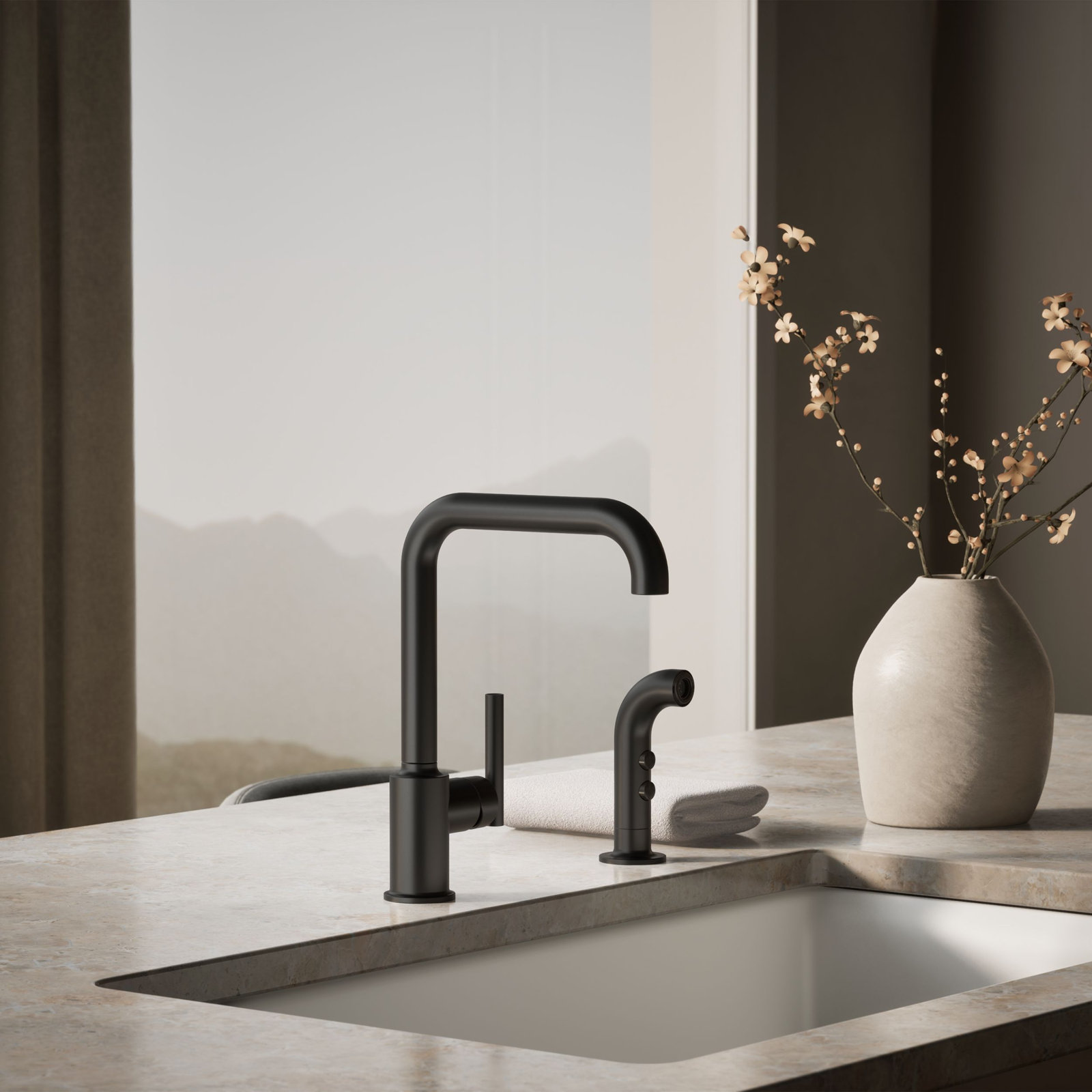 Purist Two-Hole Kitchen Faucet with Sidespray, Matte Black
