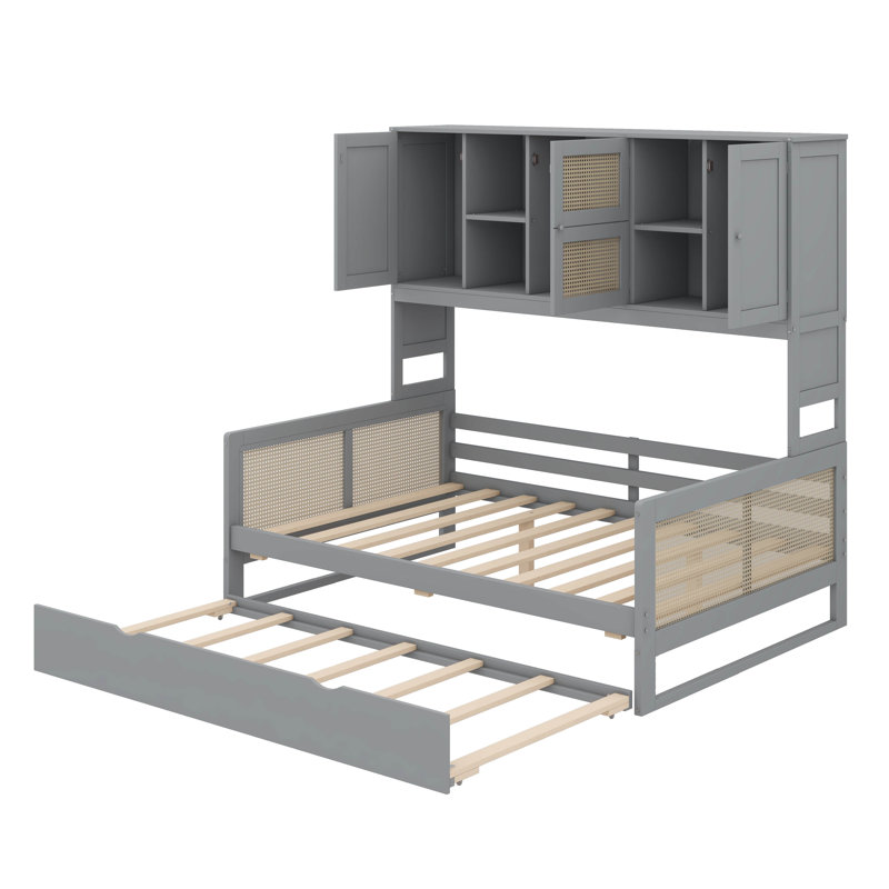 Lit de jour compact en bois, livré avec un lit gigogne et des unités de rangement modulaires, Lit double, Gris
