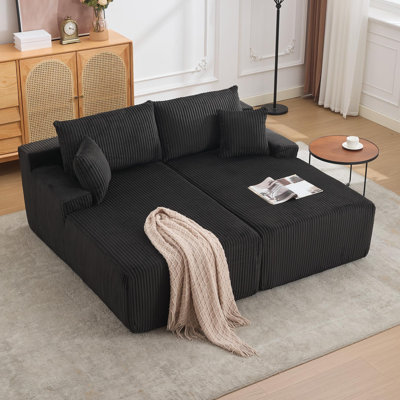 Canapé-lit double surdimensionné en velours côtelé de 79 po de profondeur, sans assemblage, 4 coussins et accoudoirs, causeuse en nuage pour le salon, la chambre à coucher, le bureau - méridienne gauche et droite, noir