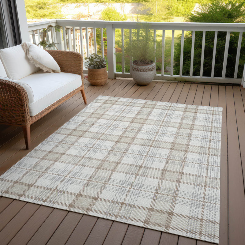 Ivory and Beige Plaid Machine Washable Indoor/Outdoor Rug