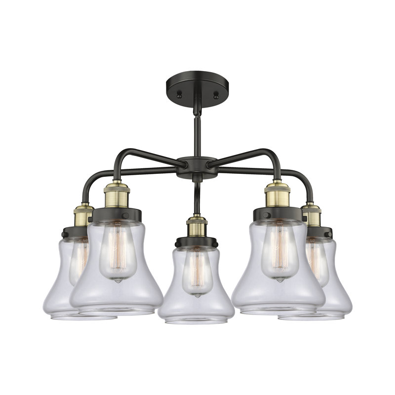 Lustre suspendu 5 lumières 24 po Bhanupriya, Transparent, Laiton antique noir