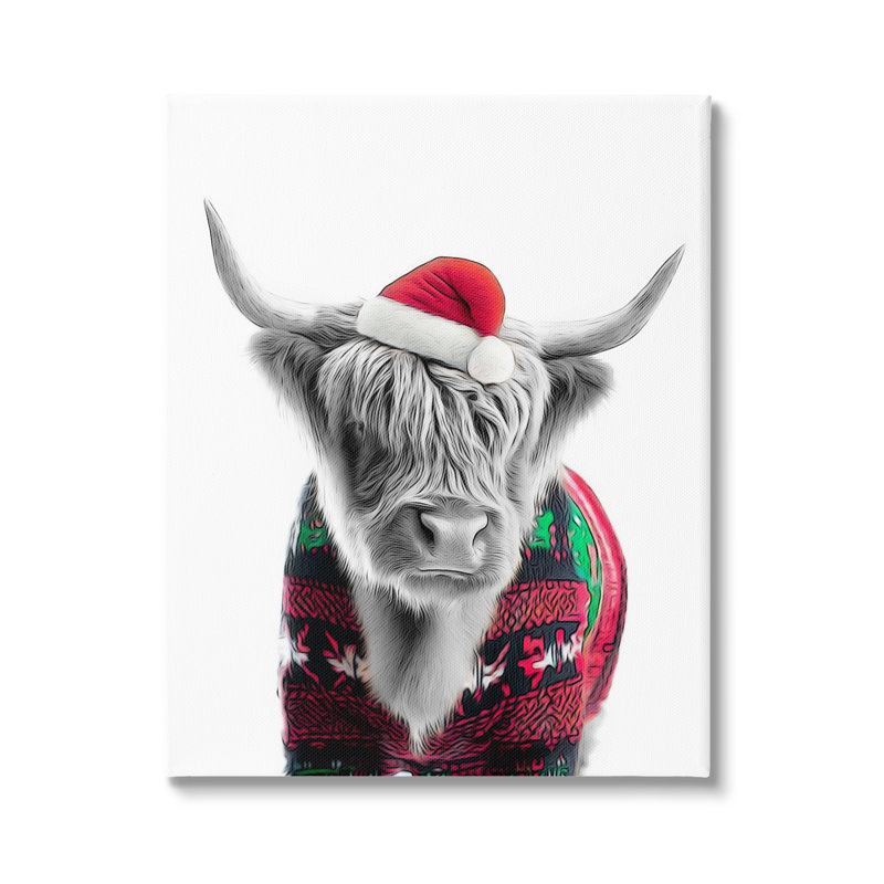 Vache dans un chandail de Noël sur toile, H 48 po x l 36 po x P 1,5 po