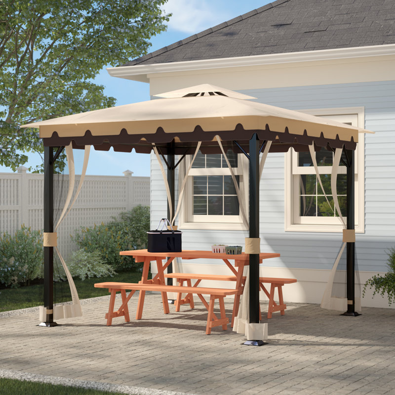 Beige and Black Steel Square Patio Gazebo with Tiered Roof