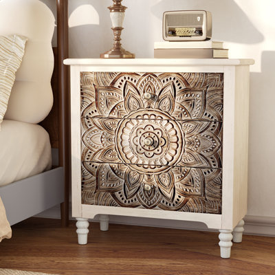 26”W Carved Wooden Nightstand with Three Drawers