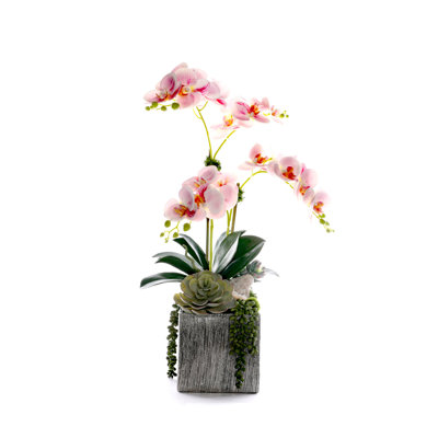 Pink Faux Orchid Flowers in Silver Square Pot
