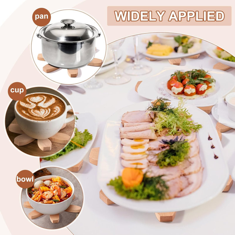 Ensemble de 8 sous-verres Tree, sous-plat en bois pour plats chauds, 2 sous-pieds pliables en forme d'arbre avec 2 supports, tapis décoratif pour tapis de cuisine décoratifs pour fondue, casseroles, tasses (bois de hêtre)