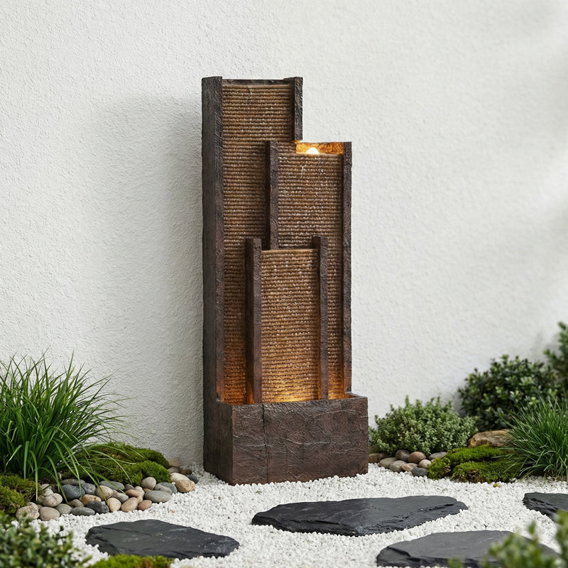 40'' Brown Tiered Modern Outdoor Fountain With LED Lights & 16W ETL Pump