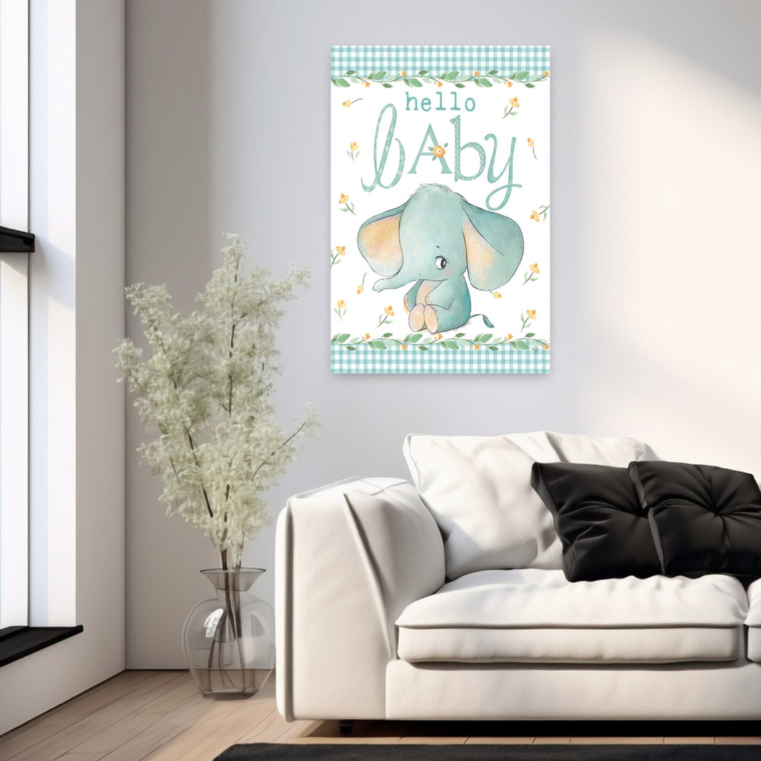 Hello Baby Elephant Blue Whimsical Contemporary Elephant Wall Art Print