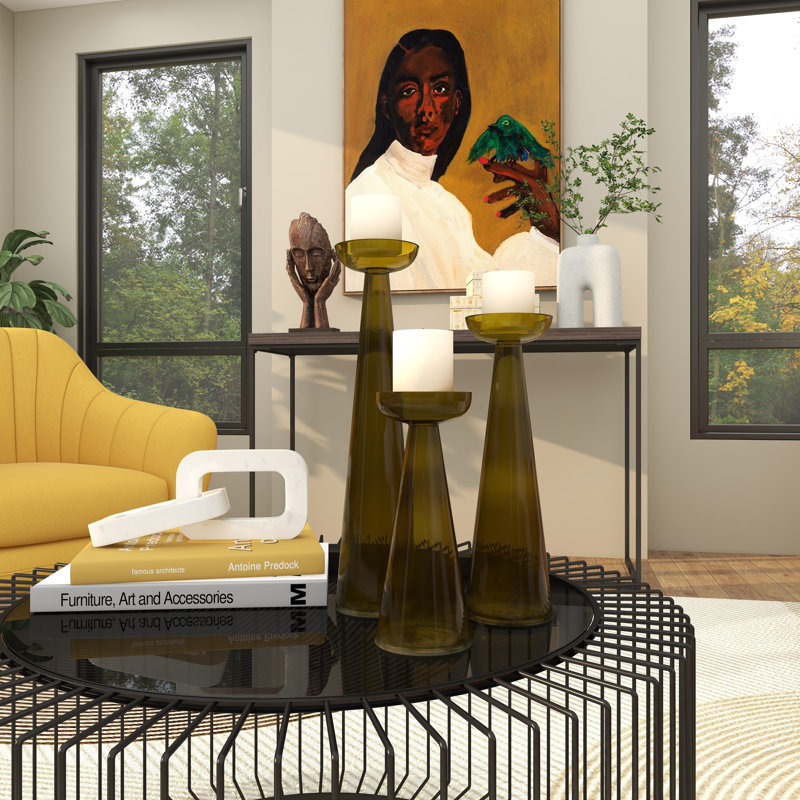 3 Piece Glass Tabletop Candlestick Set, Green