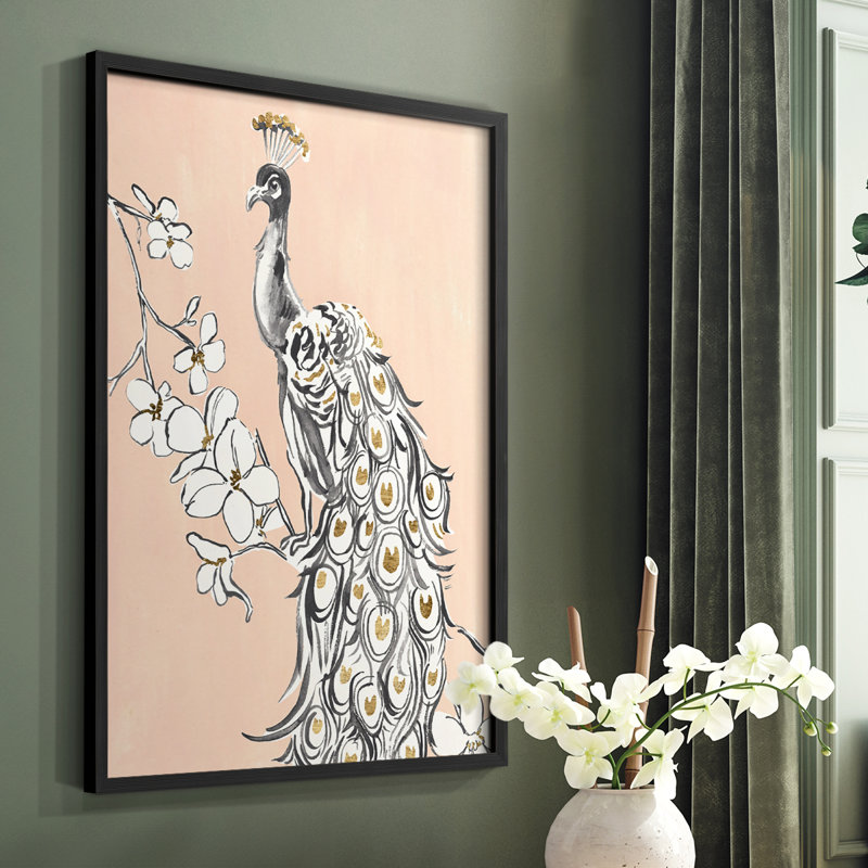 «Peacock in Gold II», reproduction encadrée - bois massif, H 14 po x l 11 po, Noir