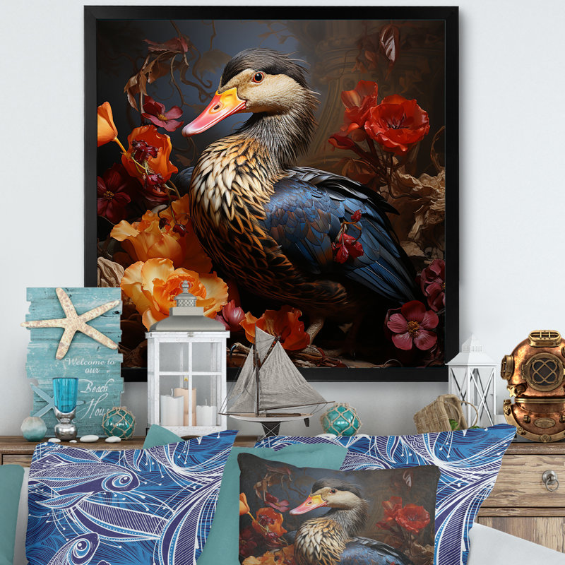«Duckke Drake Duck At The Pond IV» - art mural animal canard, Cadre simple noir, H 30 po x l 30 po x P 1,5 po