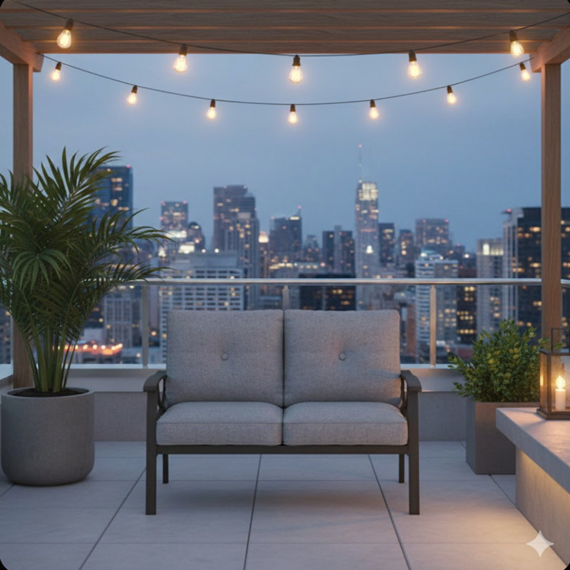Stylish All-Weather 48-Inch Metal Loveseat with Plush Gray Cushions and Durable Black Frame