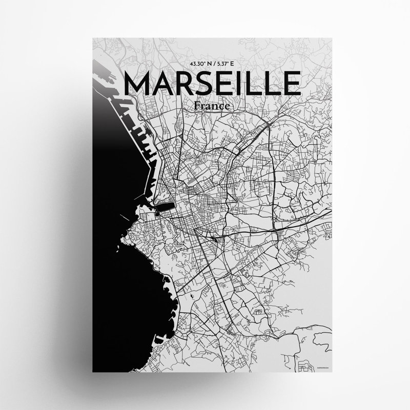 Marseille City Map In Ink - No Frame Print, 27.6cm H x 19.7cm W x 0.05cm D