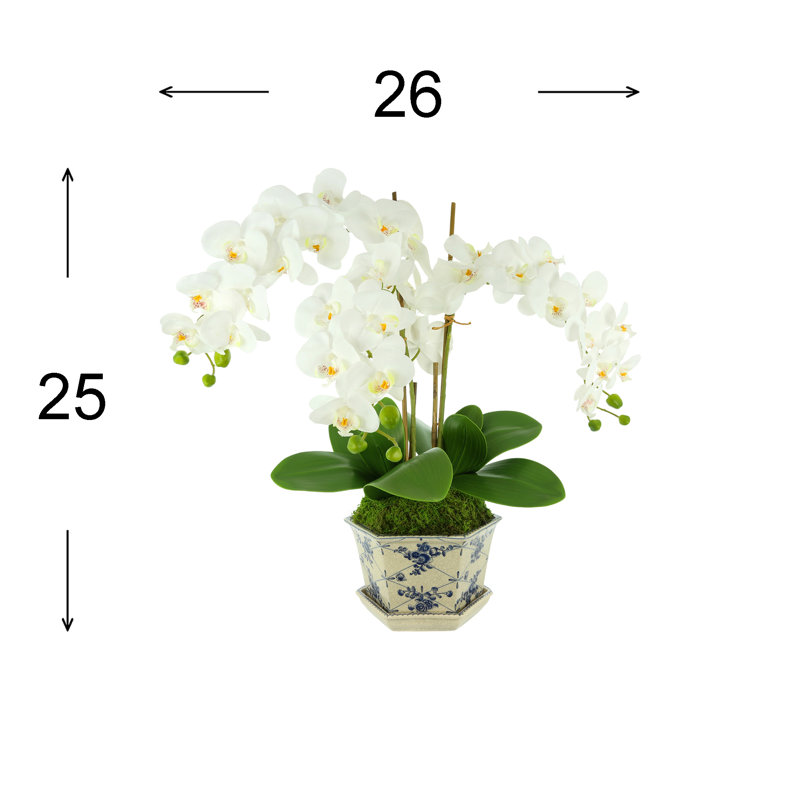Orchid Floral Arrangement In Decorative Vase With Leaves And Bamboo