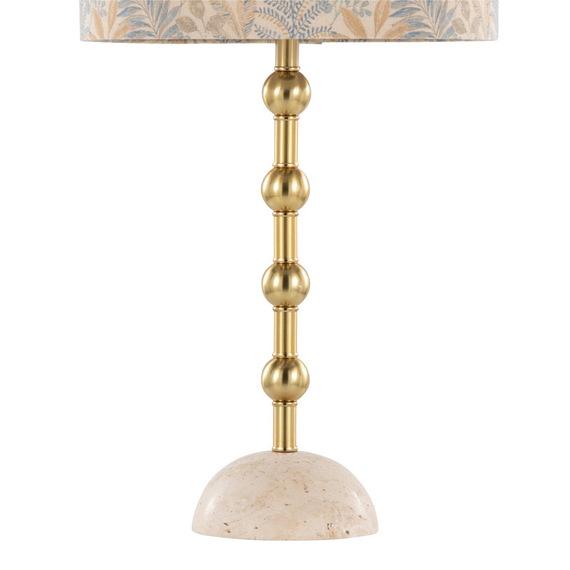 Ensemble de 2 lampes de table H 27 "en pierre de travertin, métal, tissu doré, brun clair
