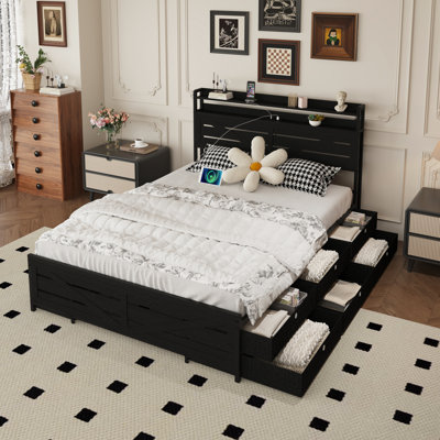 Full-Size Bed Frame With Storage Headboard And 12 Drawers With LED Lights, Metal Platform With Anti-Slip And Noiseless Mattress Support, Sturdy Metal Slat Support, Black