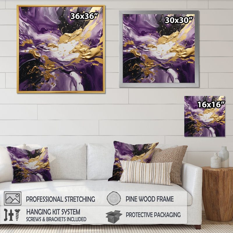 «Mauve et or», impression d'art mural abstrait, Cadre flottant doré, H 24 po x l 24 po x P 1 po