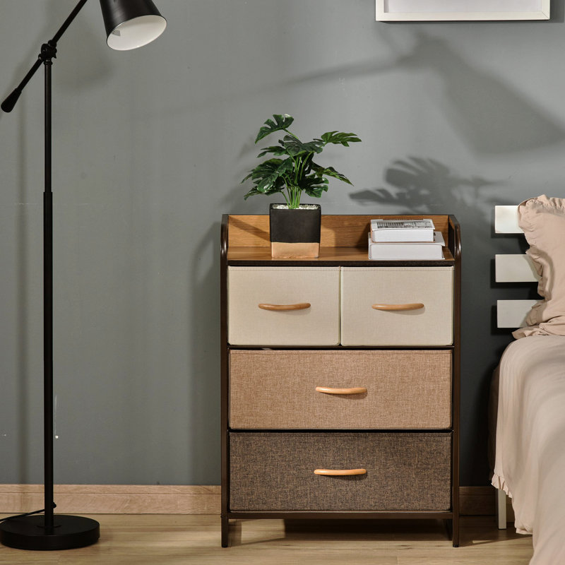 4-Drawer Dresser, Fabric Drawers, 3-Tier Storage Organizer For Bedroom Entryway, Tower Unit With Steel Frame And Wooden Top, Maple Wood