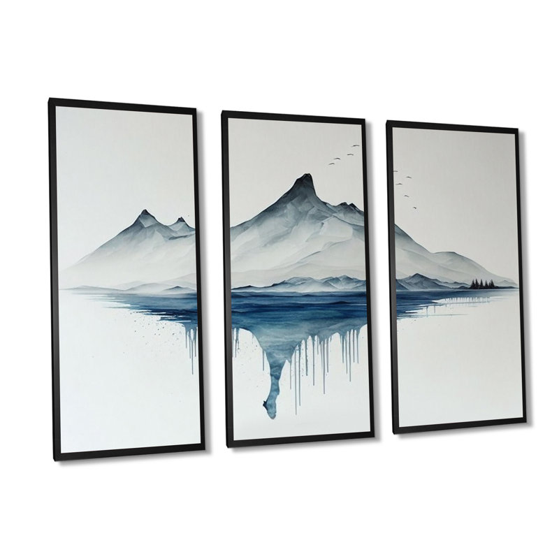 «Blue and Gray Mountain Lake Reflection I», reproduction de 3 pièces, Cadre noir, H 28 po x l 36 po x P 1 po