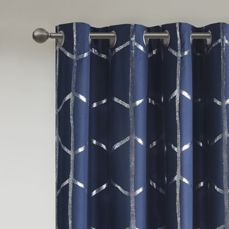Raina Geometric Total Blackout Grommet Single Curtain Panel, 50" W x 84" L, Navy/Silver