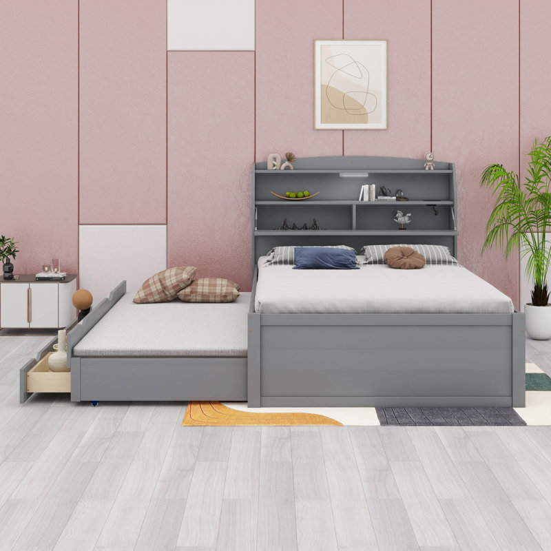 Lit plateforme en bois avec lit gigogne et tête de lit à DEL avec tiroirs, Double, gris
