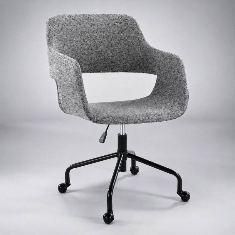 Chaise de bureau contemporaine réglable en métal noir et tissu gris, conçue de manière ergonomique pour un confort et un style optimaux.