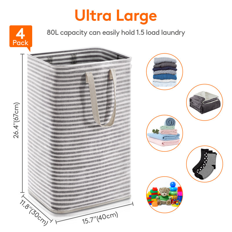 Paquet de 4 paniers à linge pliables pour panier à linge, grand panier à linge autoportant pour la lessive avec poignées de transport faciles pour salle de lavage Dortoir de chambre à coucher pour adulte, noir, 4 x 80 L