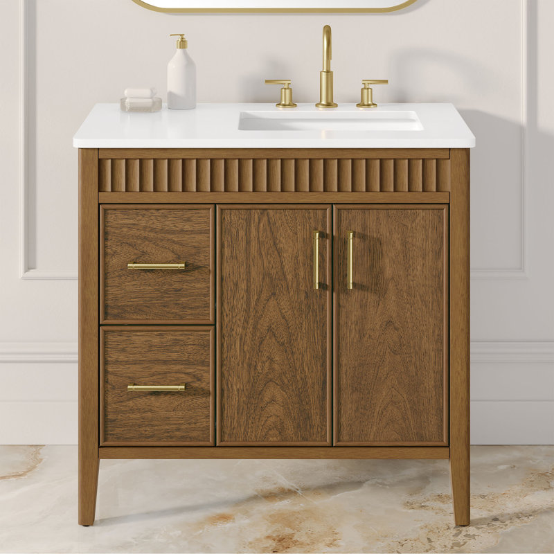 Juliette 36 in. Single Sink Freestanding Warm Walnut Bathroom Vanity with White Quartz Top, Brushed Gold Hardware, 36"