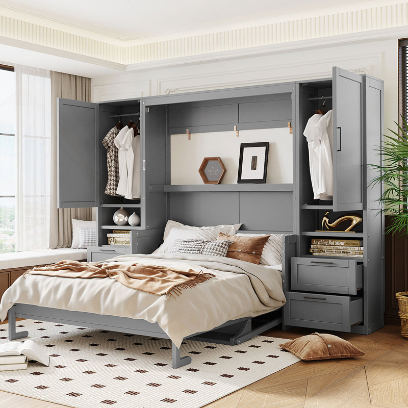 Grand lit escamotable mural avec placard, tiroirs et tablettes, gris, gris